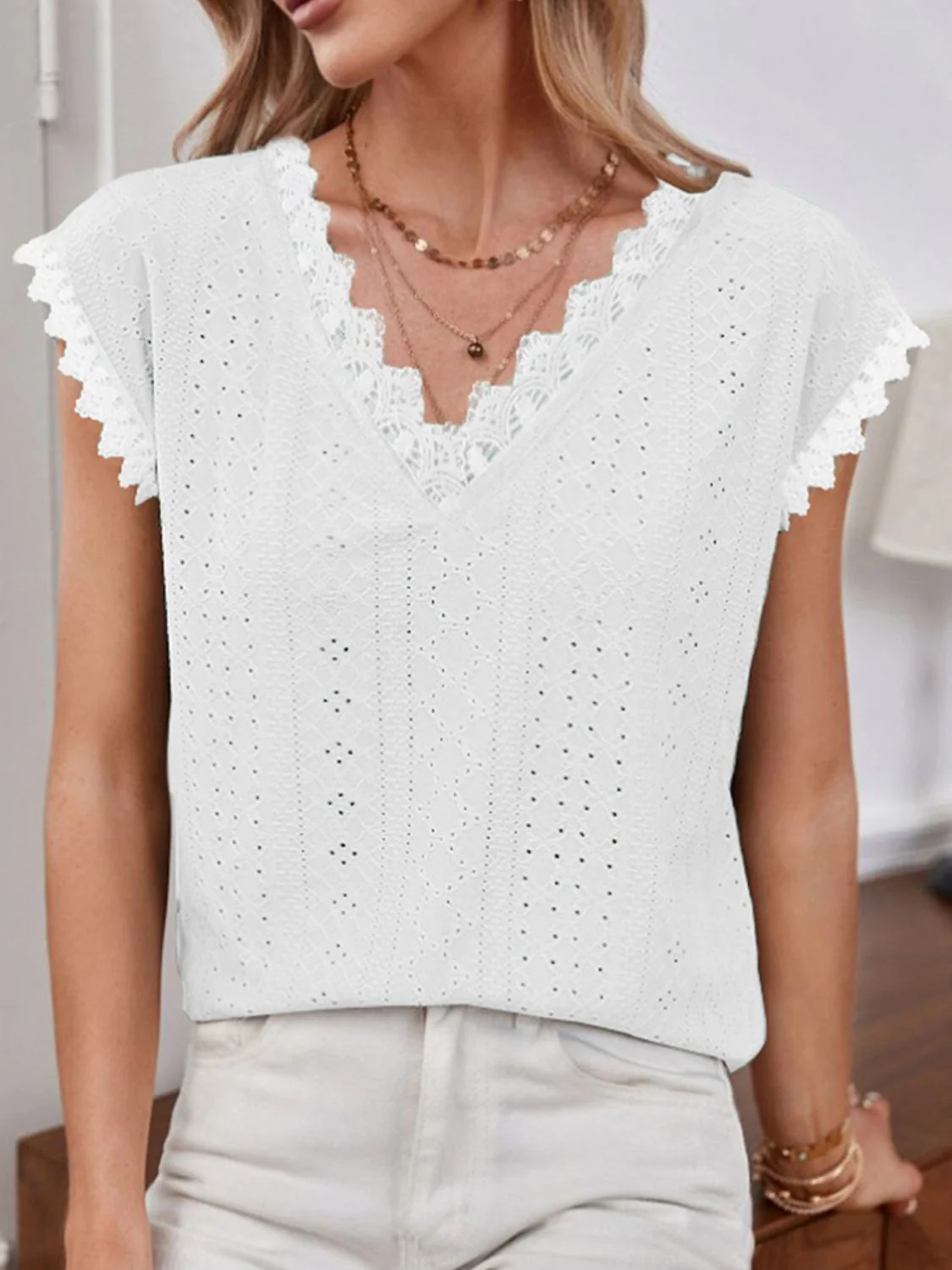 Shiny V-Neck Eyelet Short Sleeve Top - Image 4