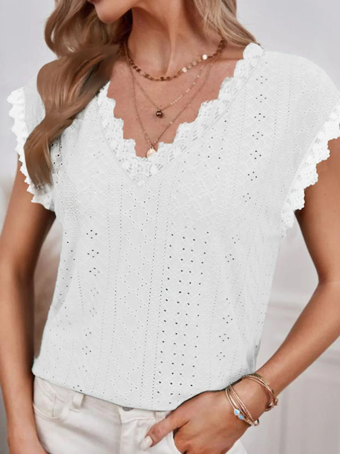 Shiny V-Neck Eyelet Short Sleeve Top - Image 5