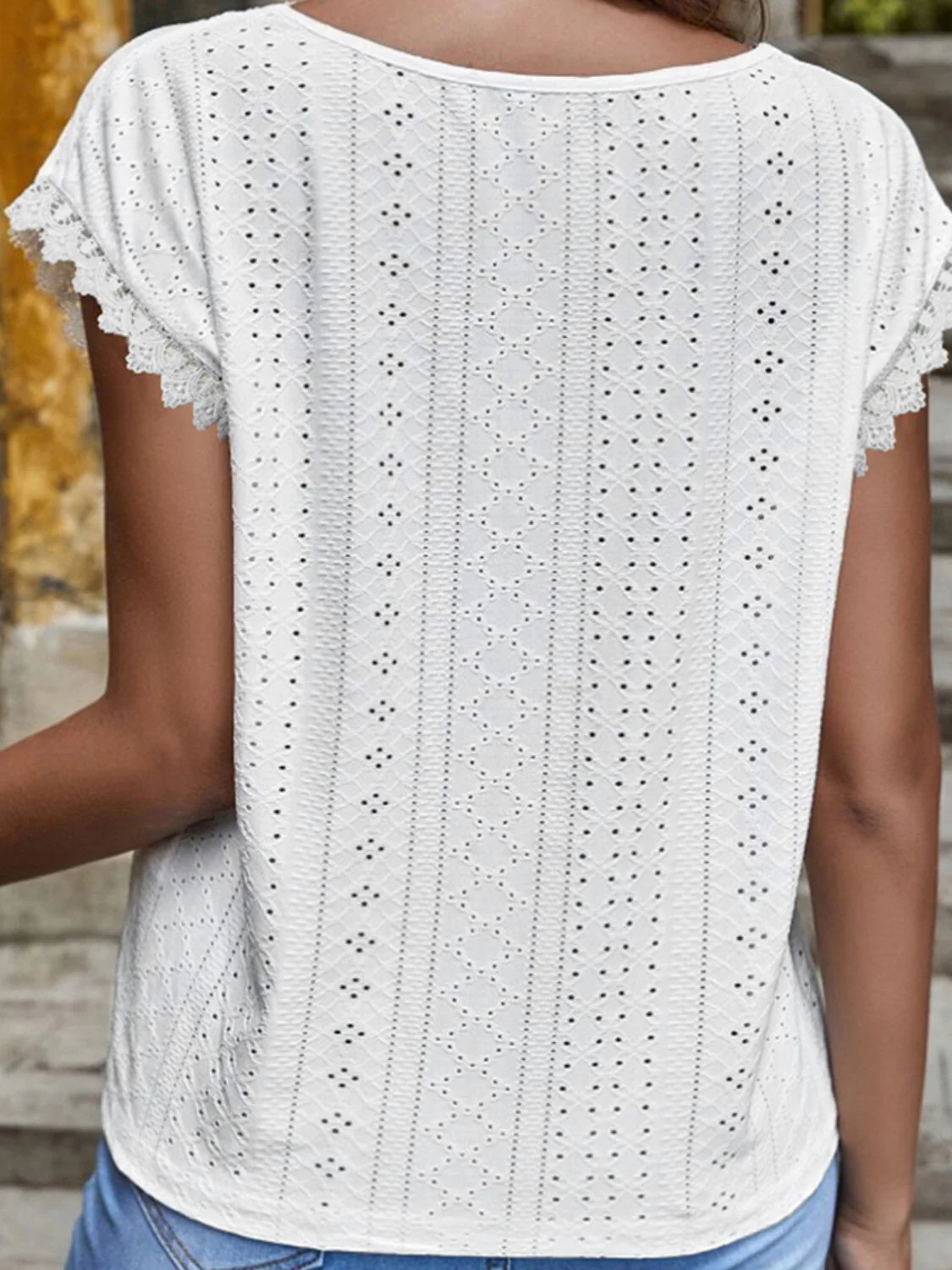 Shiny V-Neck Eyelet Short Sleeve Top - Image 6