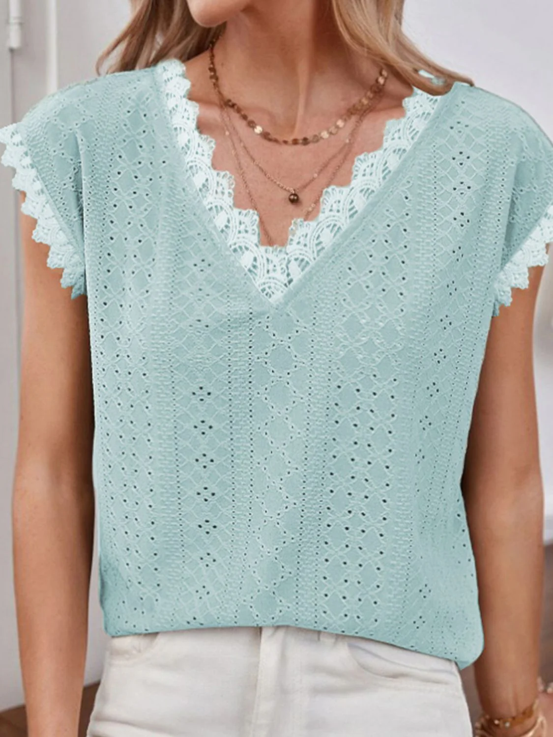 Shiny V-Neck Eyelet Short Sleeve Top - Image 7