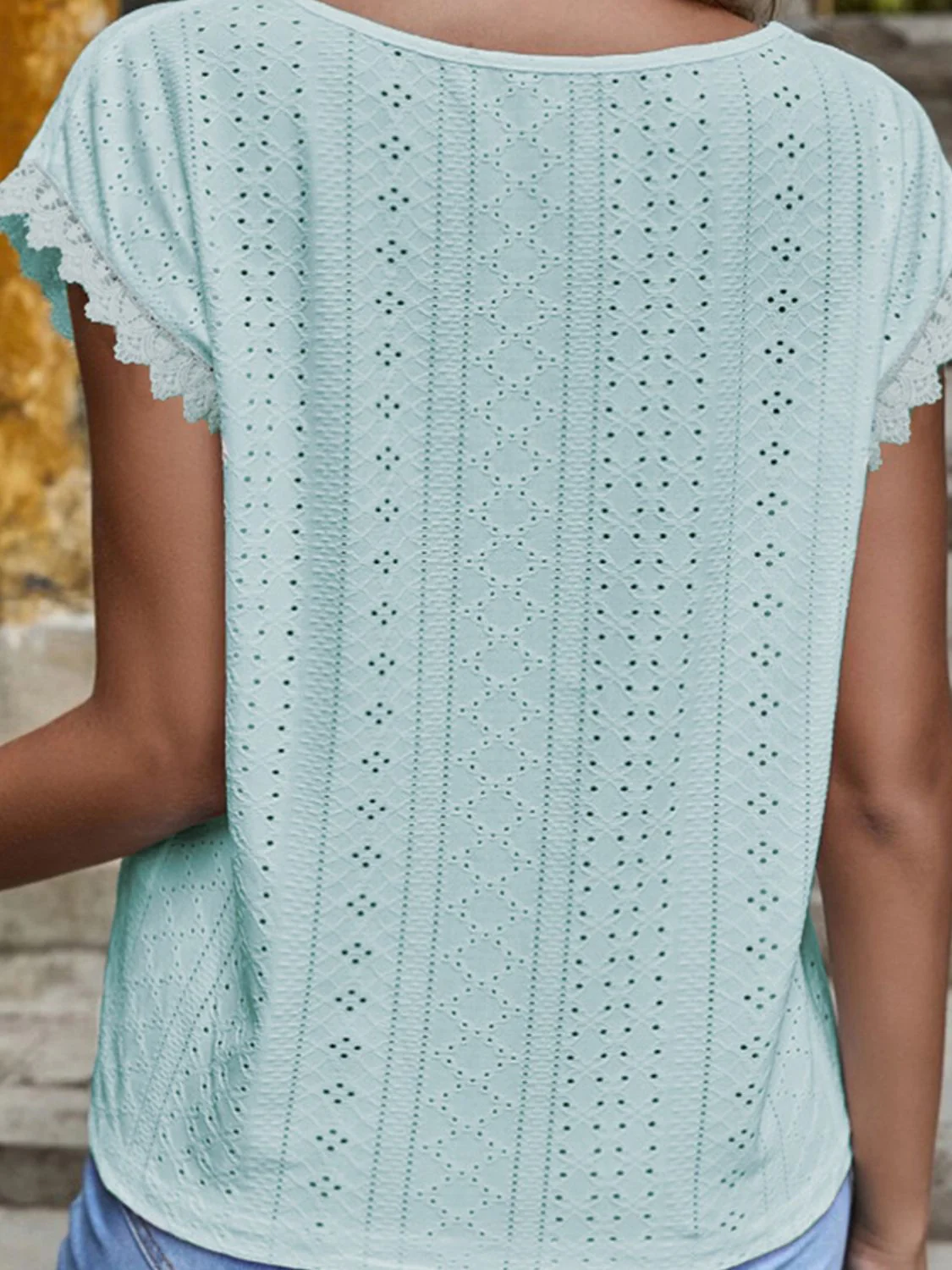 Shiny V-Neck Eyelet Short Sleeve Top - Image 9