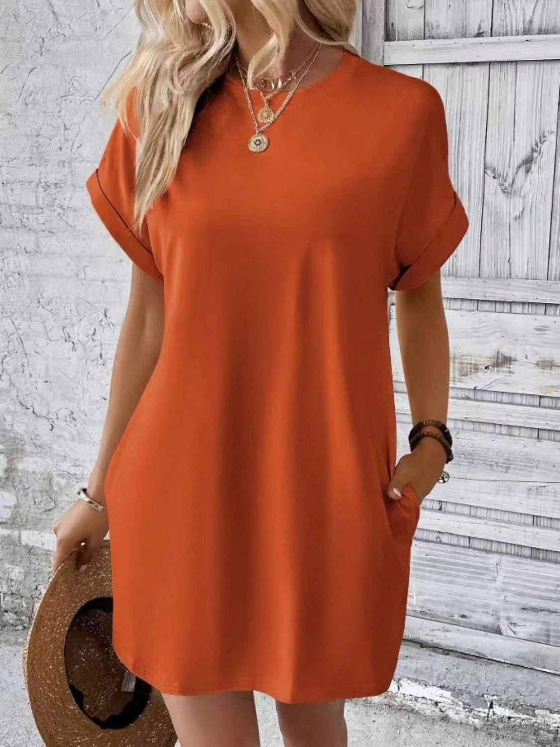 Short Sleeve Mini Tee Dress with Pockets - Image 3