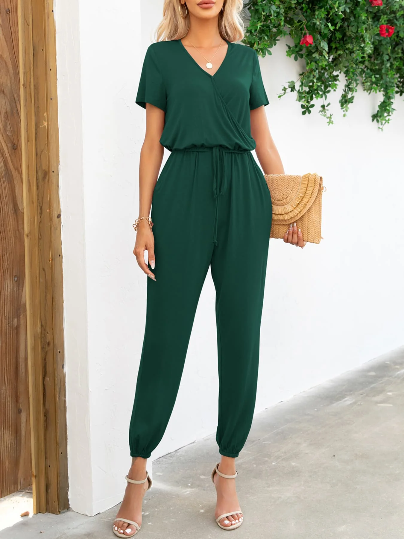 Short Sleeve V-Neck Jumpsuit with Pockets - Image 10