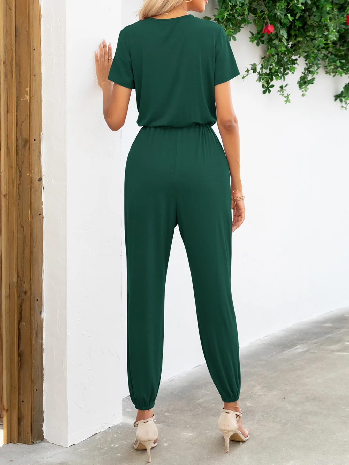 Short Sleeve V-Neck Jumpsuit with Pockets - Image 12