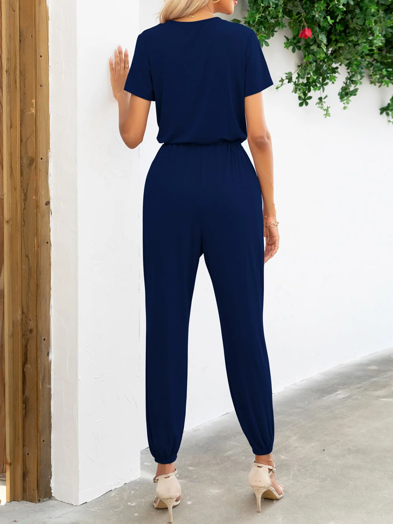 Short Sleeve V-Neck Jumpsuit with Pockets - Image 15
