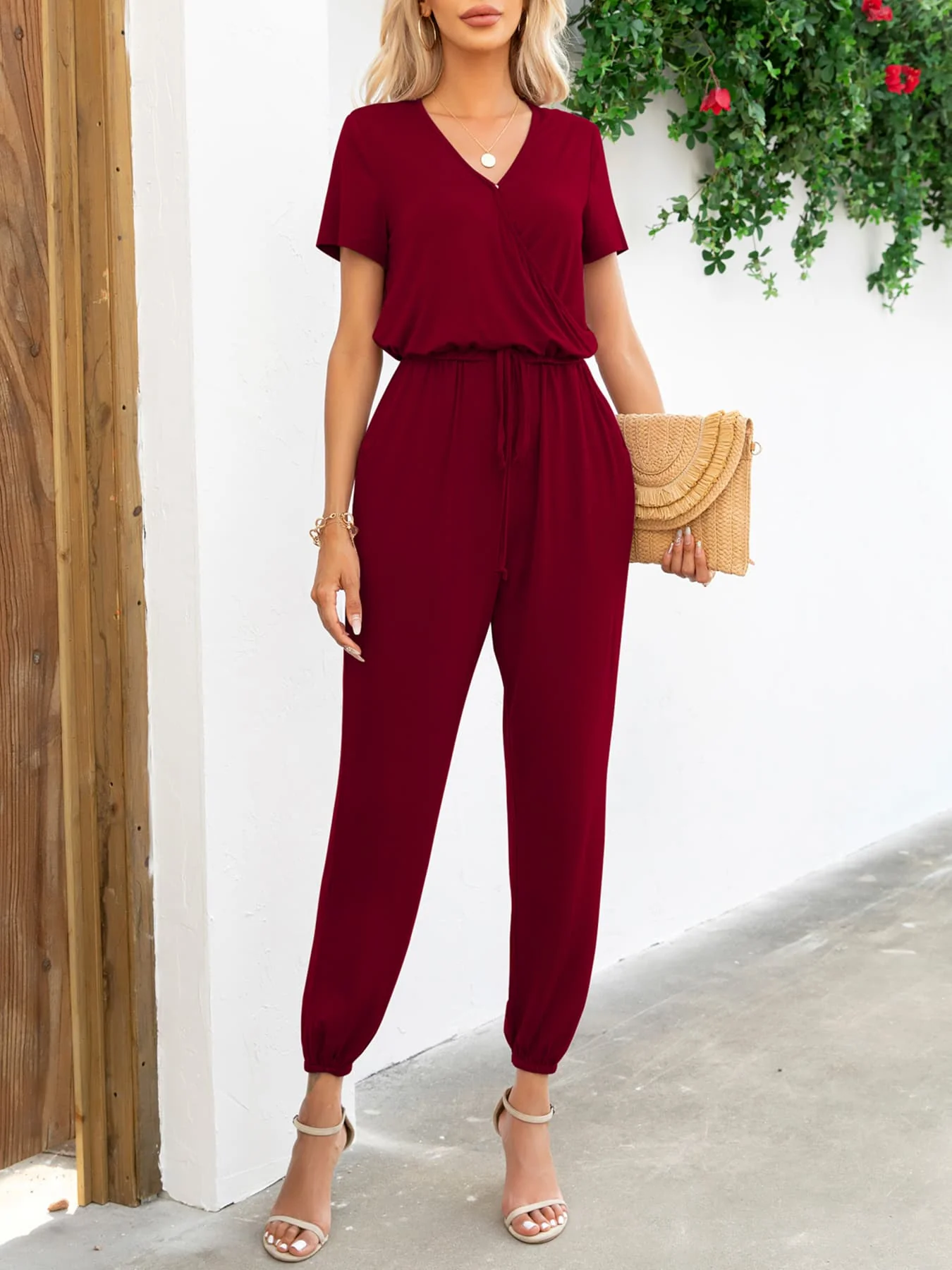 Short Sleeve V-Neck Jumpsuit with Pockets - Image 16