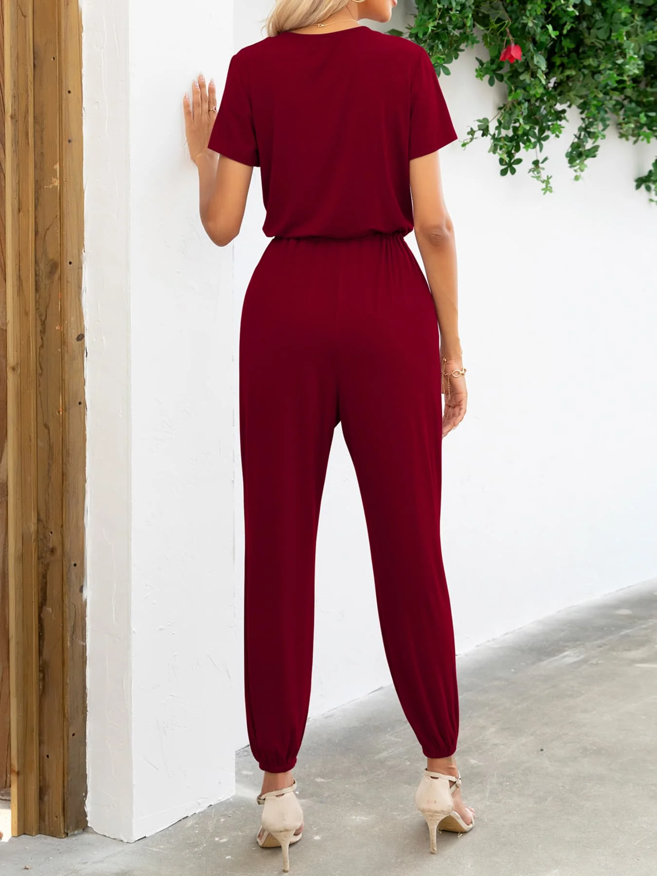 Short Sleeve V-Neck Jumpsuit with Pockets - Image 18