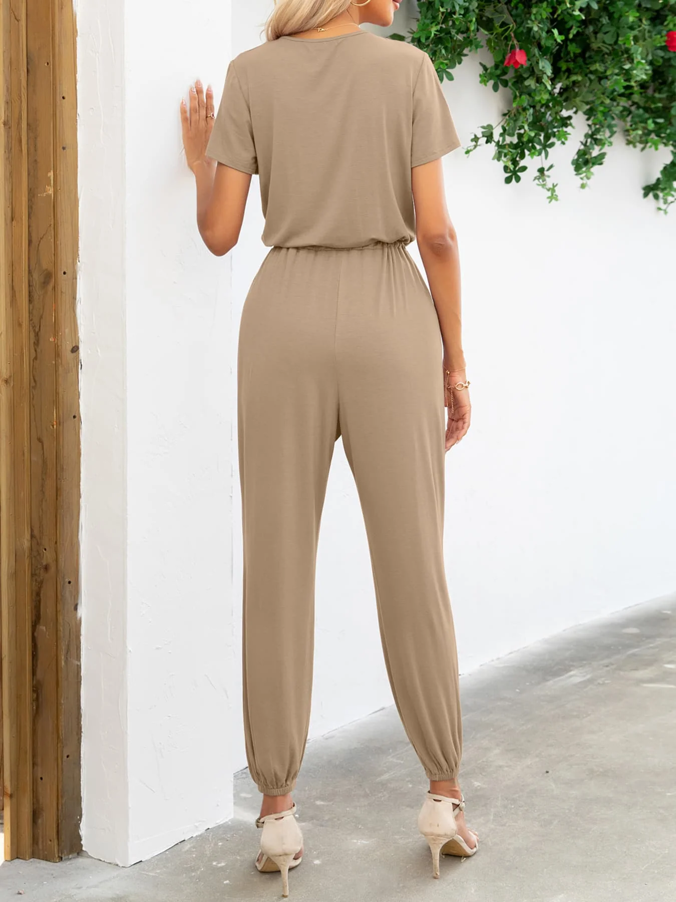 Short Sleeve V-Neck Jumpsuit with Pockets - Image 2