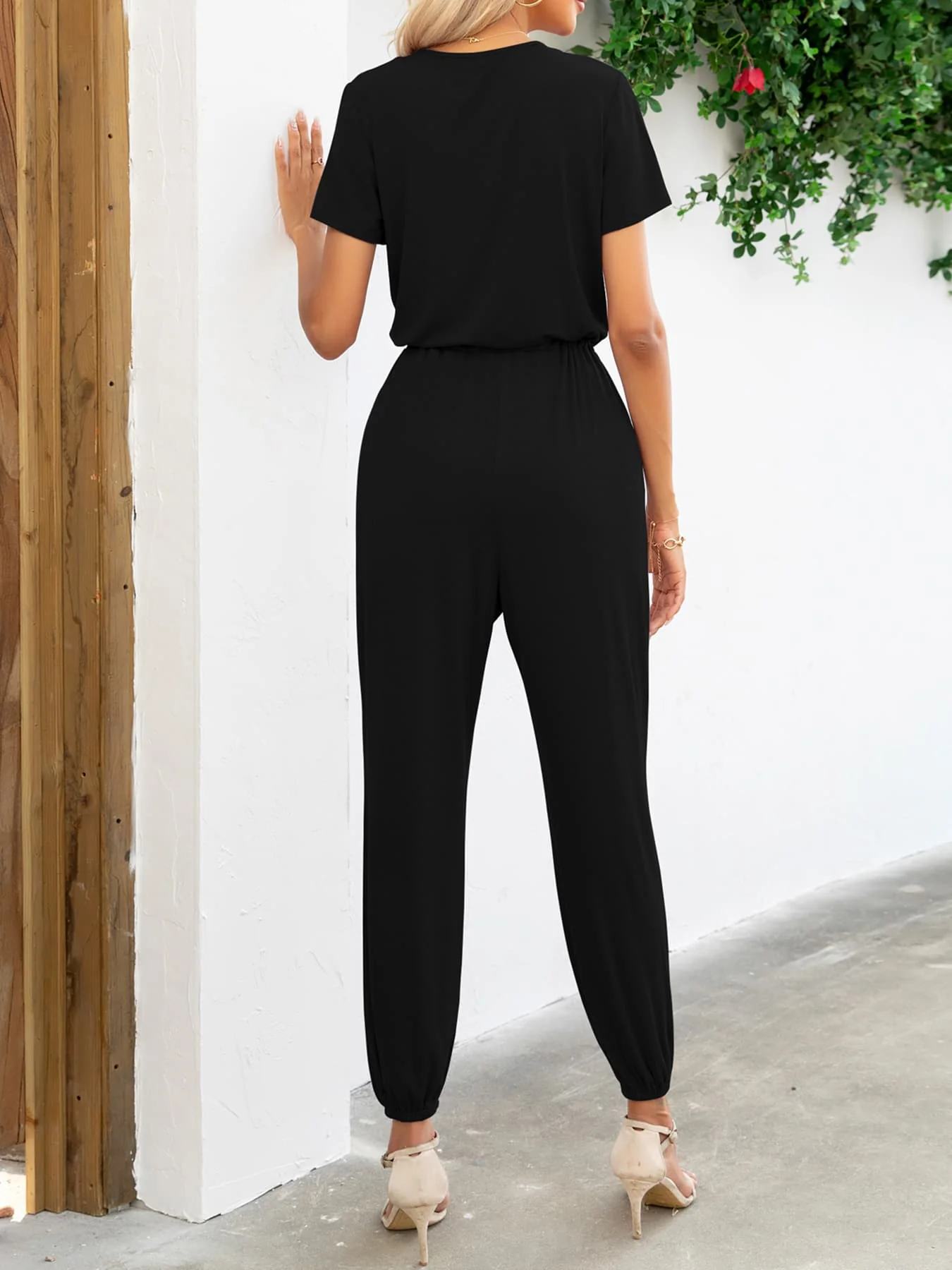 Short Sleeve V-Neck Jumpsuit with Pockets - Image 6