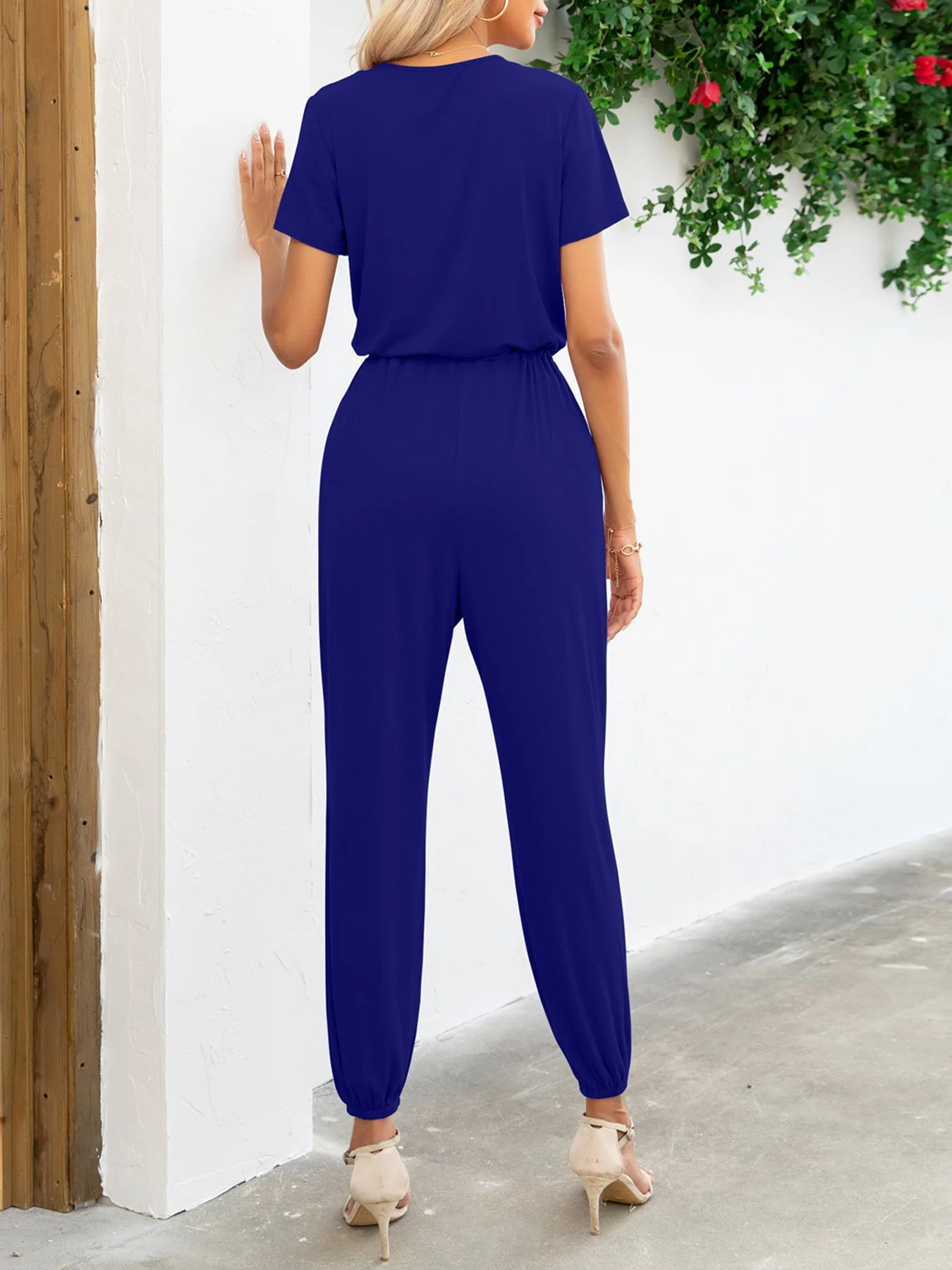 Short Sleeve V-Neck Jumpsuit with Pockets - Image 9