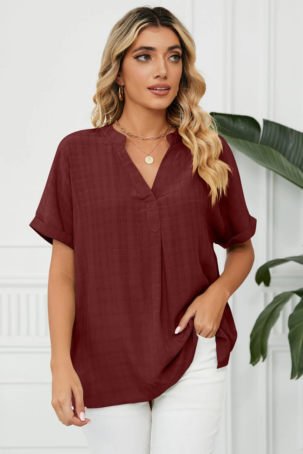 Side Slit Notched Neck Cuffed Short Sleeve Blouse - Image 10