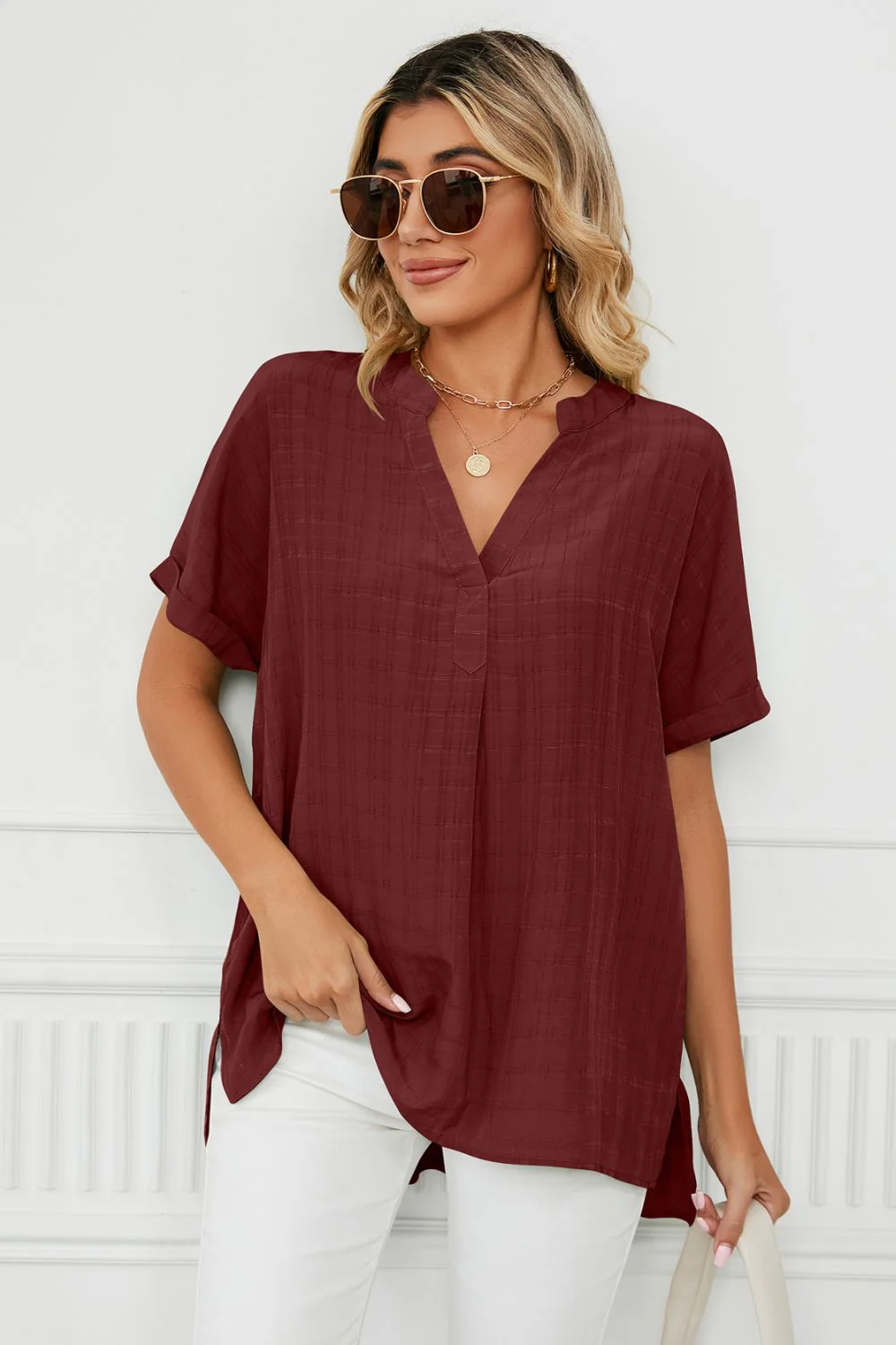 Side Slit Notched Neck Cuffed Short Sleeve Blouse - Image 11