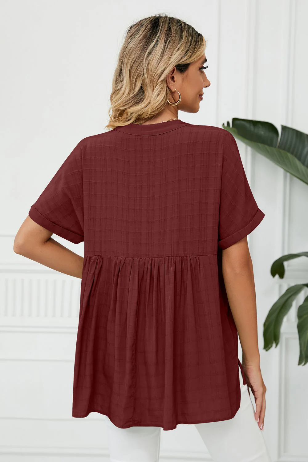 Side Slit Notched Neck Cuffed Short Sleeve Blouse - Image 12