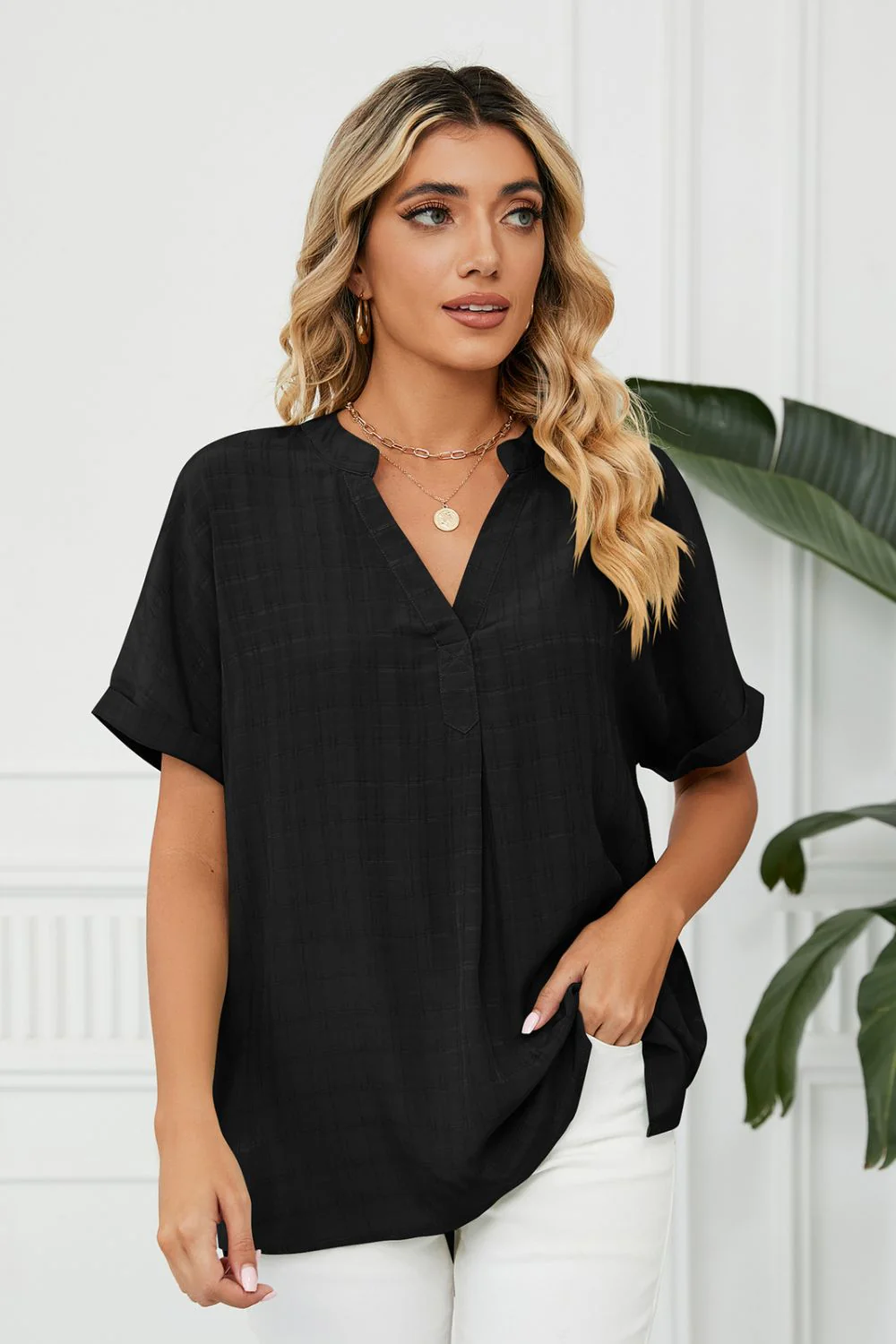 Side Slit Notched Neck Cuffed Short Sleeve Blouse - Image 13