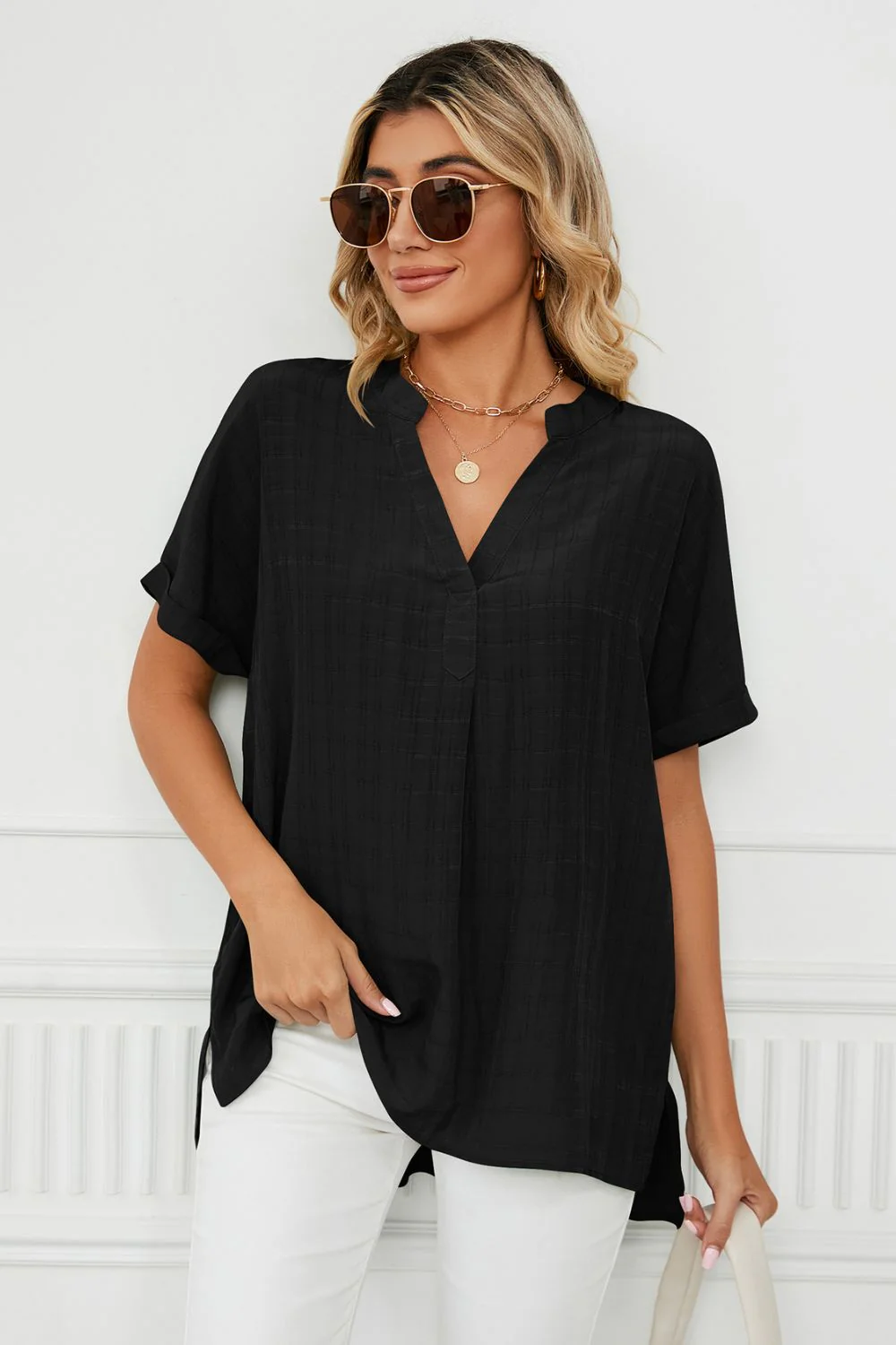 Side Slit Notched Neck Cuffed Short Sleeve Blouse - Image 14