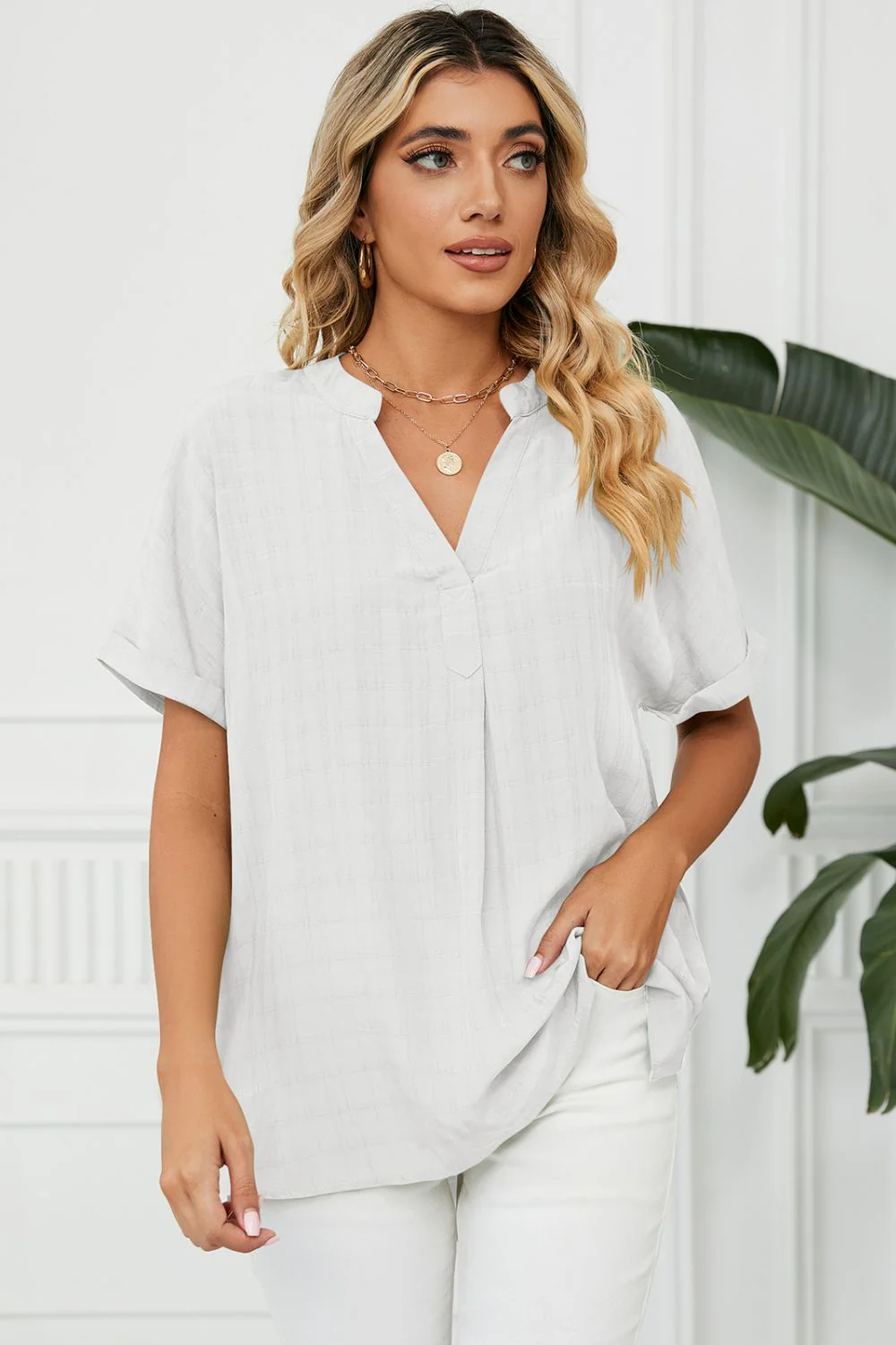 Side Slit Notched Neck Cuffed Short Sleeve Blouse - Image 16
