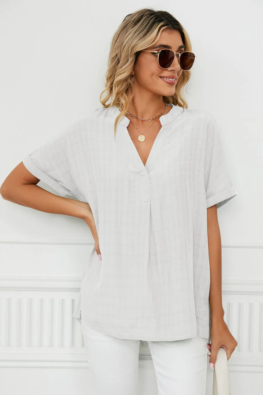 Side Slit Notched Neck Cuffed Short Sleeve Blouse - Image 17