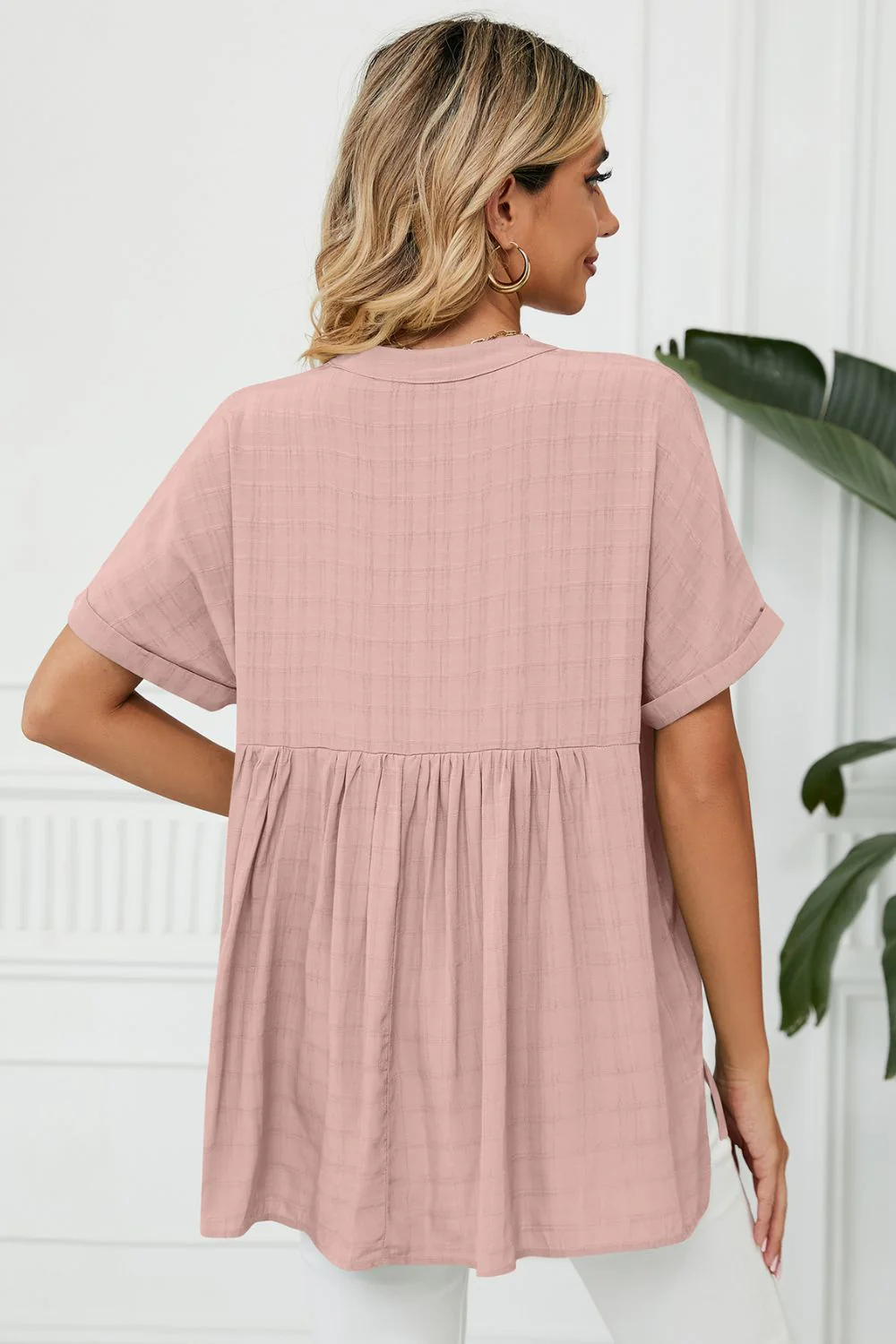 Side Slit Notched Neck Cuffed Short Sleeve Blouse - Image 2