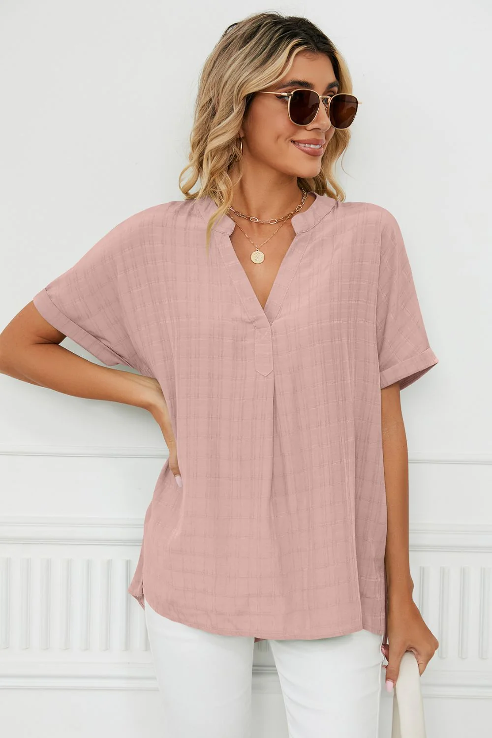 Side Slit Notched Neck Cuffed Short Sleeve Blouse - Image 3