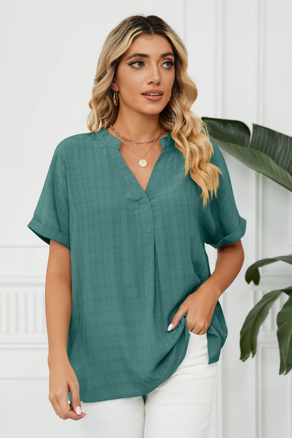 Side Slit Notched Neck Cuffed Short Sleeve Blouse - Image 4