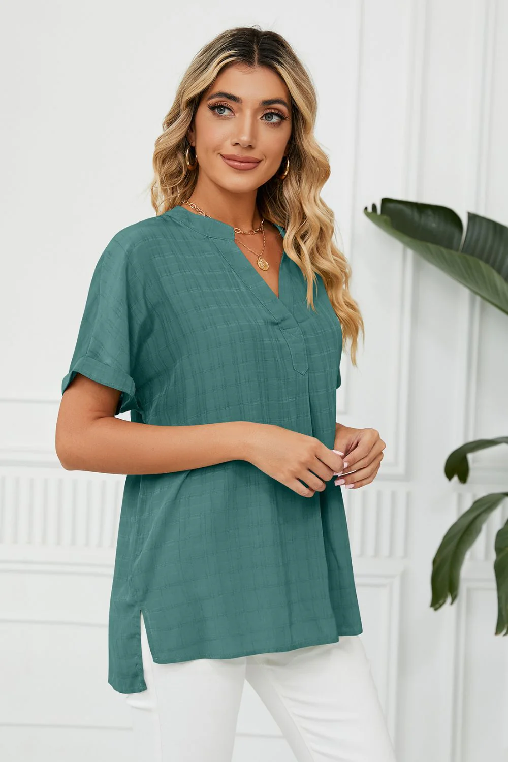 Side Slit Notched Neck Cuffed Short Sleeve Blouse - Image 5