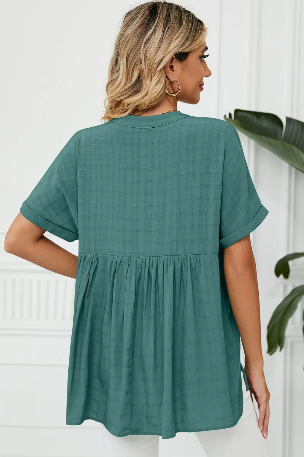 Side Slit Notched Neck Cuffed Short Sleeve Blouse - Image 6