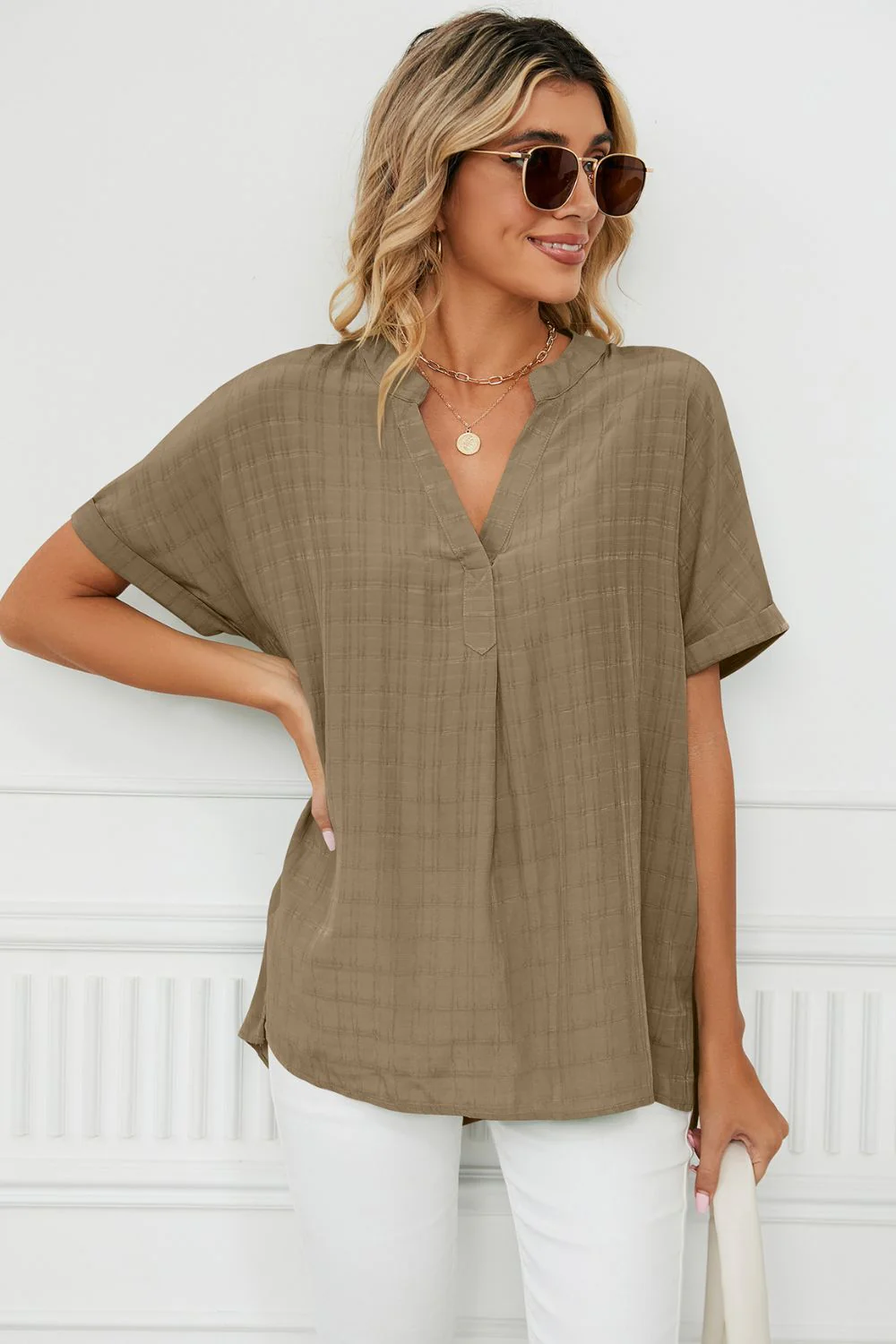Side Slit Notched Neck Cuffed Short Sleeve Blouse - Image 7