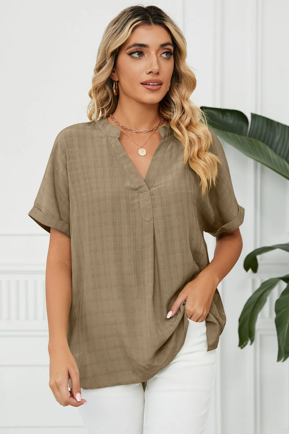Side Slit Notched Neck Cuffed Short Sleeve Blouse - Image 8
