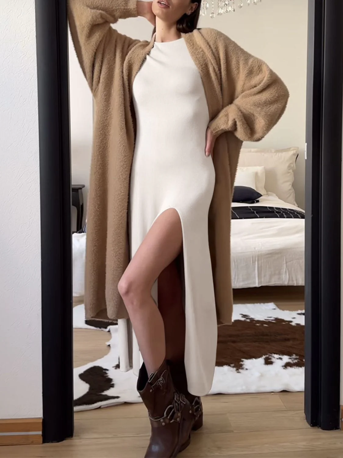 Side Slit Round Neck Long Sleeve Dress - Image 3