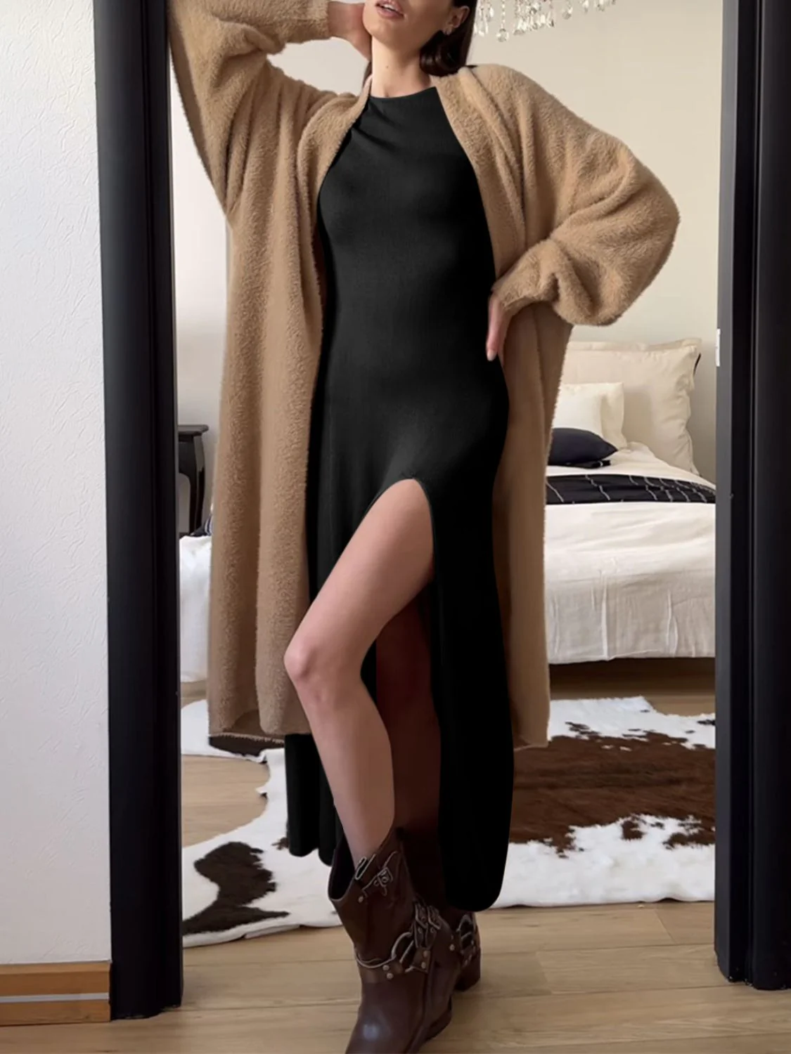 Side Slit Round Neck Long Sleeve Dress - Image 6