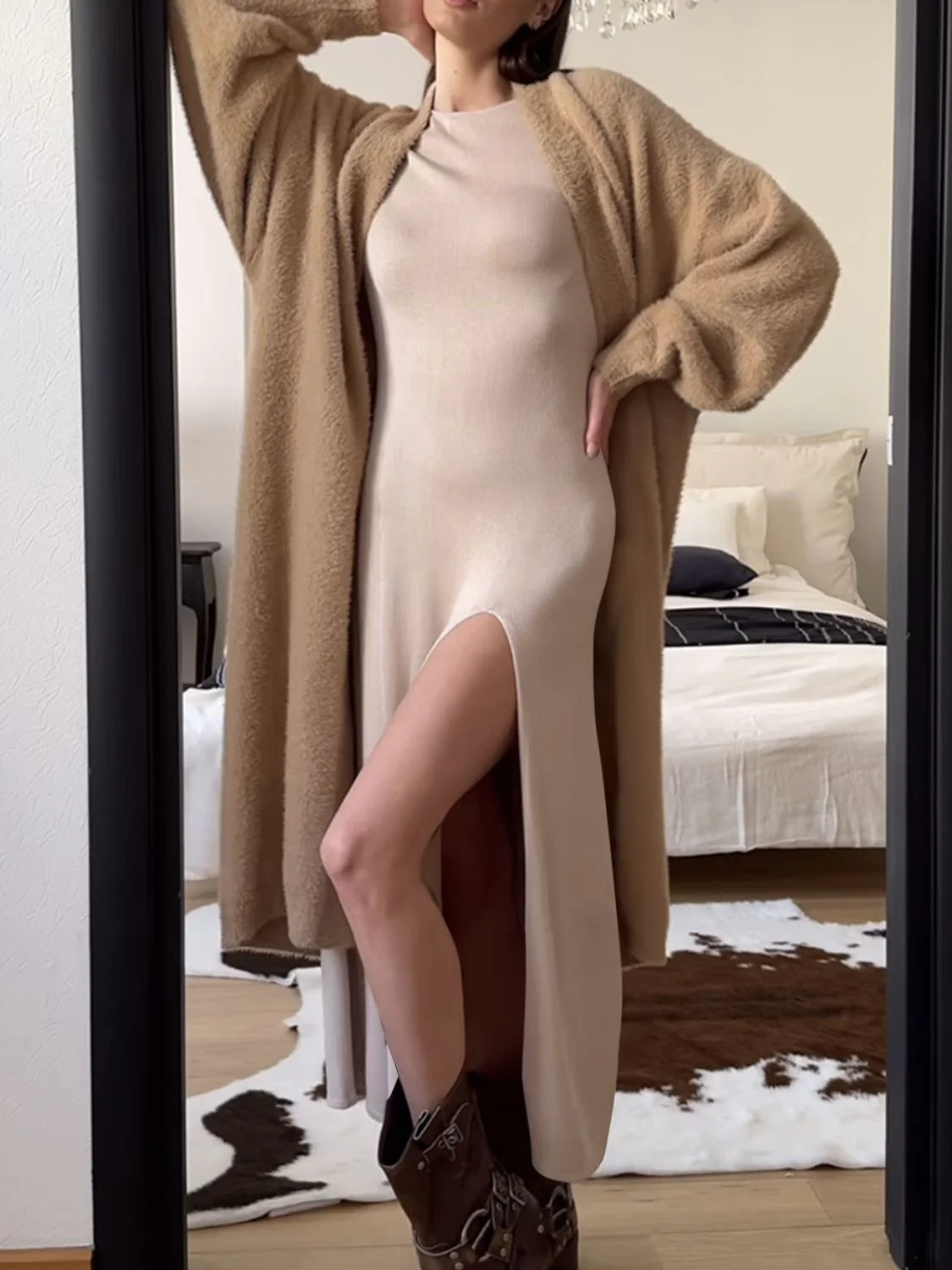 Side Slit Round Neck Long Sleeve Dress - Image 7