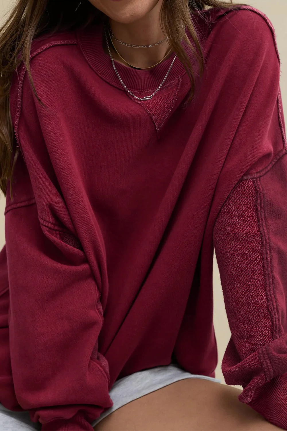 Side Slit Round Neck Long Sleeve Sweatshirt - Image 18