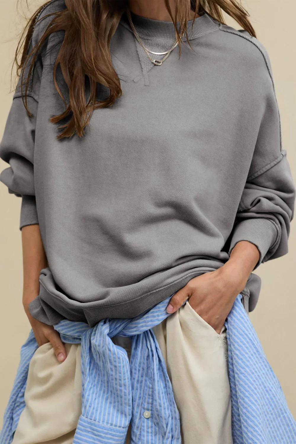 Side Slit Round Neck Long Sleeve Sweatshirt - Image 19