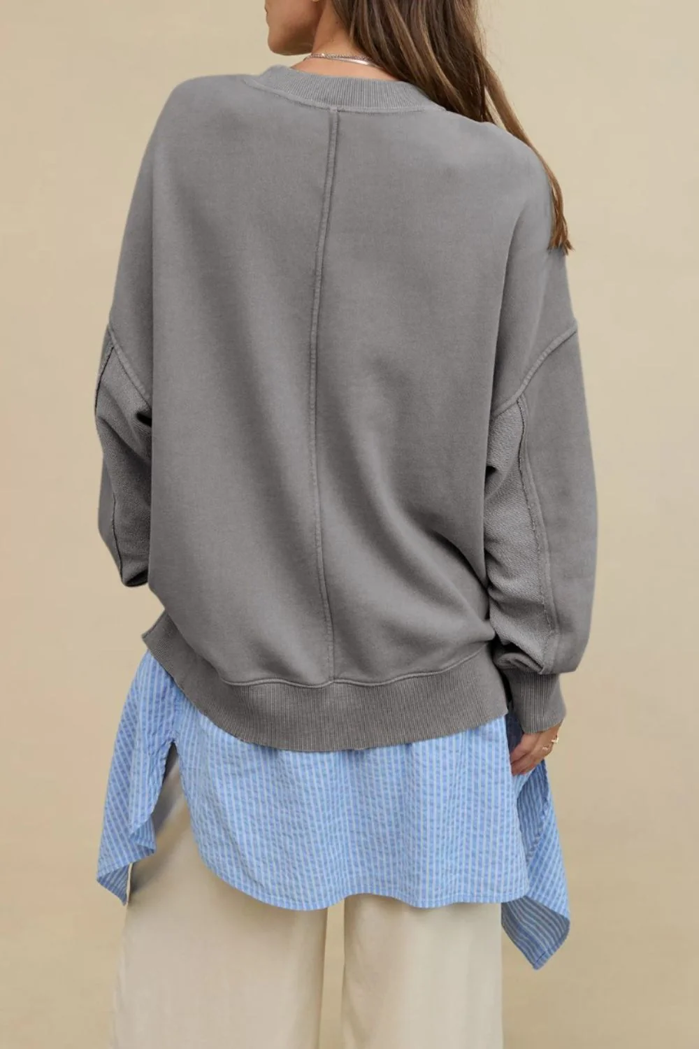 Side Slit Round Neck Long Sleeve Sweatshirt - Image 20