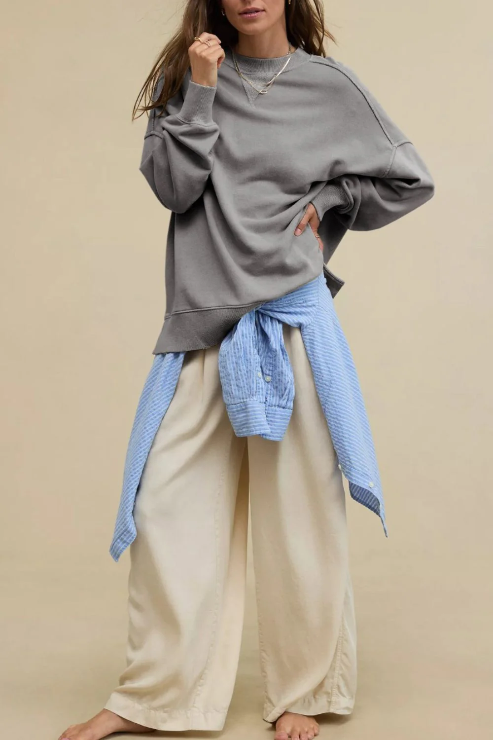 Side Slit Round Neck Long Sleeve Sweatshirt - Image 21