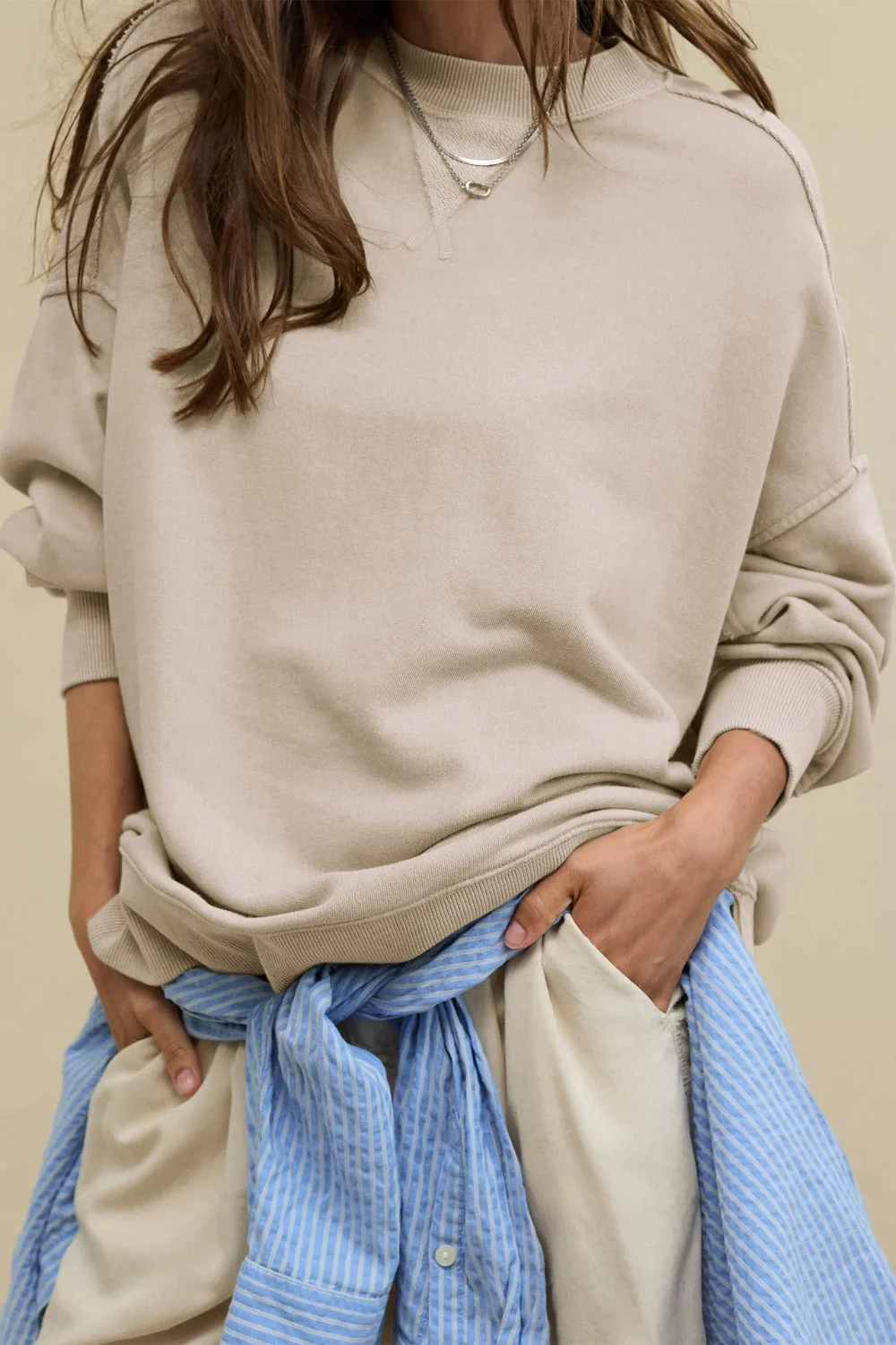 Side Slit Round Neck Long Sleeve Sweatshirt - Image 3