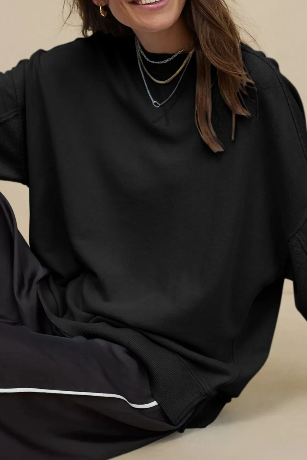 Side Slit Round Neck Long Sleeve Sweatshirt - Image 5