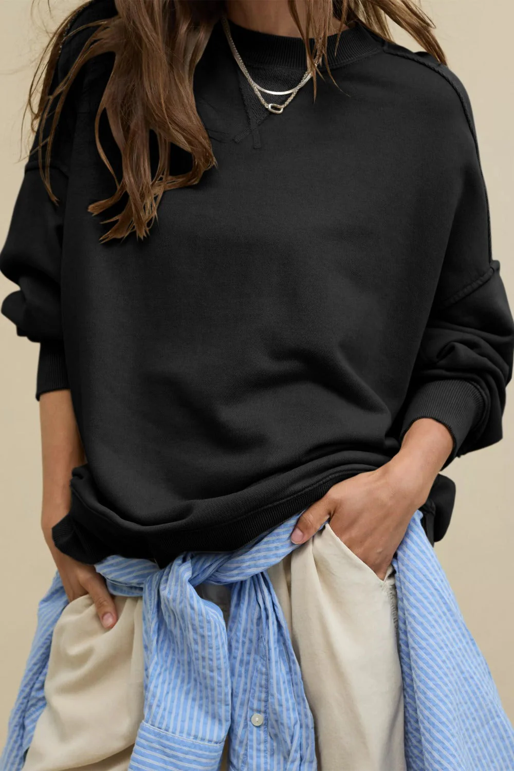 Side Slit Round Neck Long Sleeve Sweatshirt - Image 7