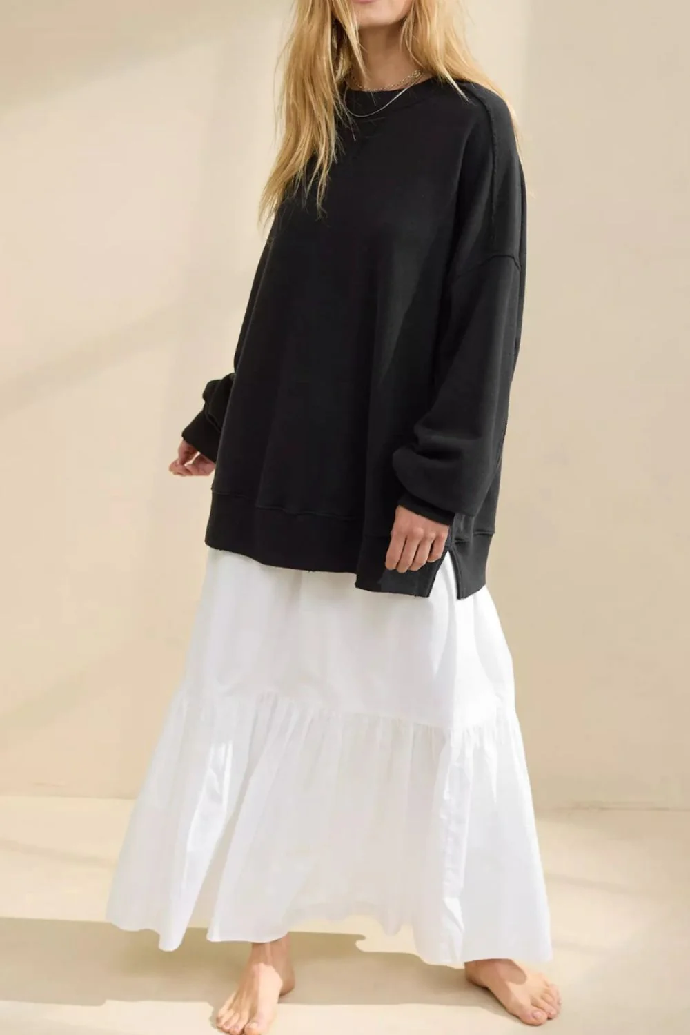 Side Slit Round Neck Long Sleeve Sweatshirt - Image 8