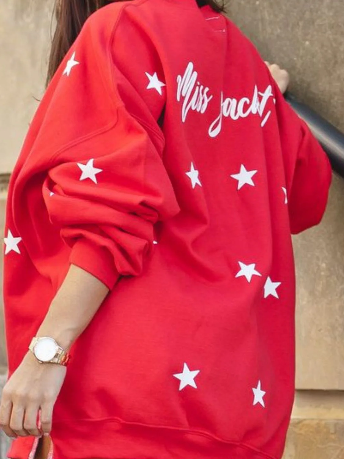Side Slit Stars Round Neck Long Sleeve Sweatshirt - Image 3