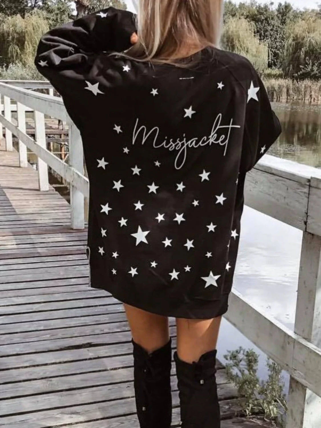 Side Slit Stars Round Neck Long Sleeve Sweatshirt - Image 5