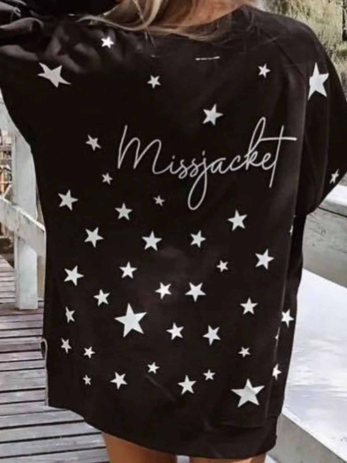 Side Slit Stars Round Neck Long Sleeve Sweatshirt - Image 7