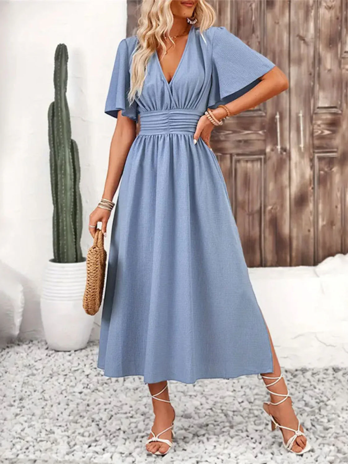 Side Slit Surplice Flutter Sleeve Midi Dress - Image 2
