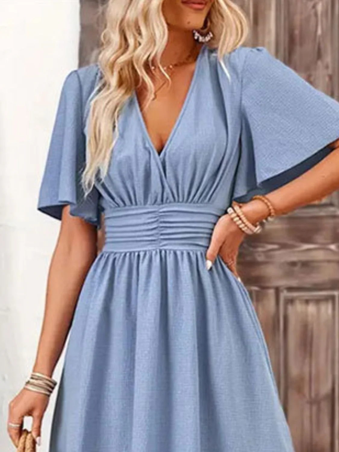 Side Slit Surplice Flutter Sleeve Midi Dress - Image 3