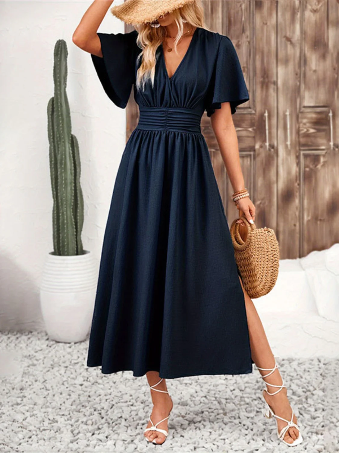 Side Slit Surplice Flutter Sleeve Midi Dress - Image 4