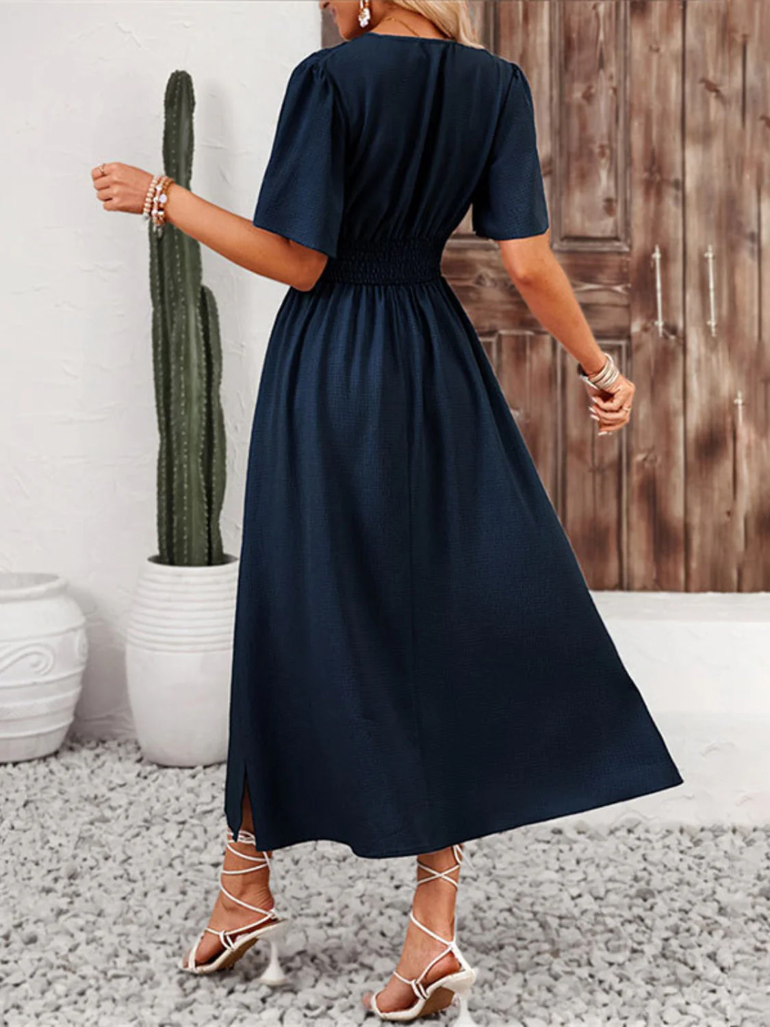 Side Slit Surplice Flutter Sleeve Midi Dress - Image 5