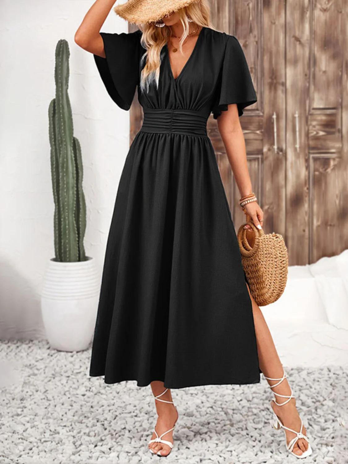 Side Slit Surplice Flutter Sleeve Midi Dress - Image 7