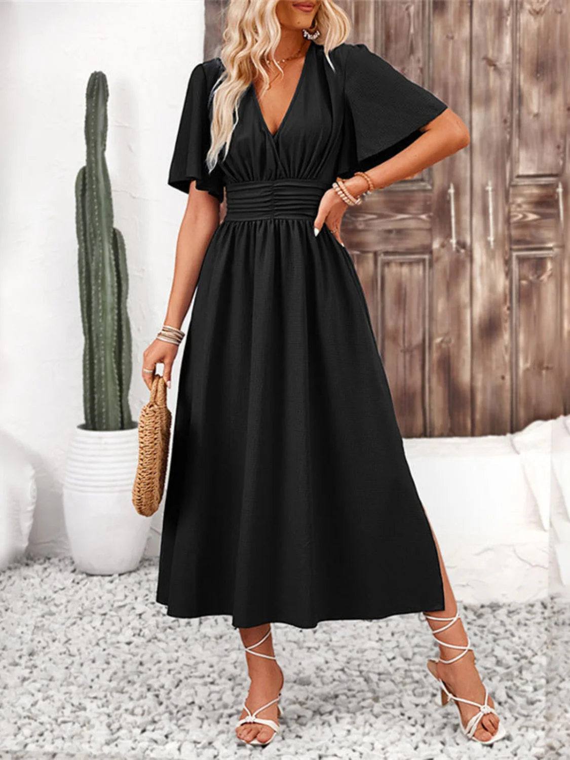 Side Slit Surplice Flutter Sleeve Midi Dress - Image 8