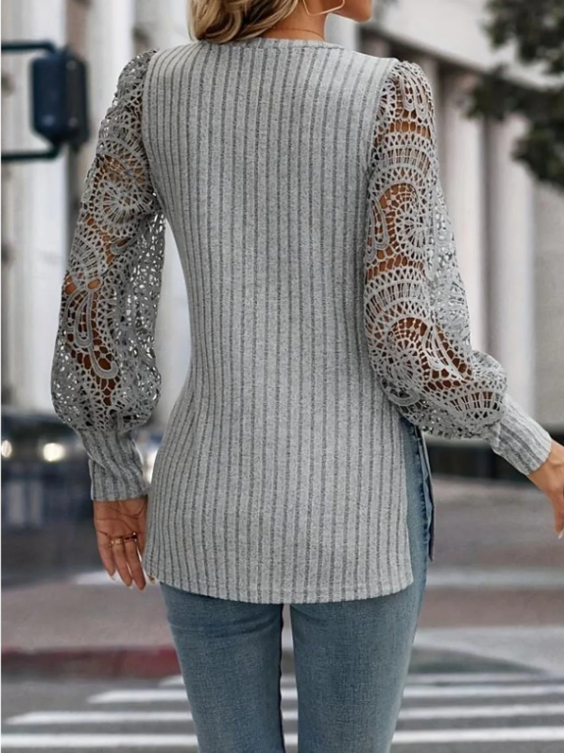 Side Slit V-Neck Lace Long Sleeve T-Shirt - Image 2