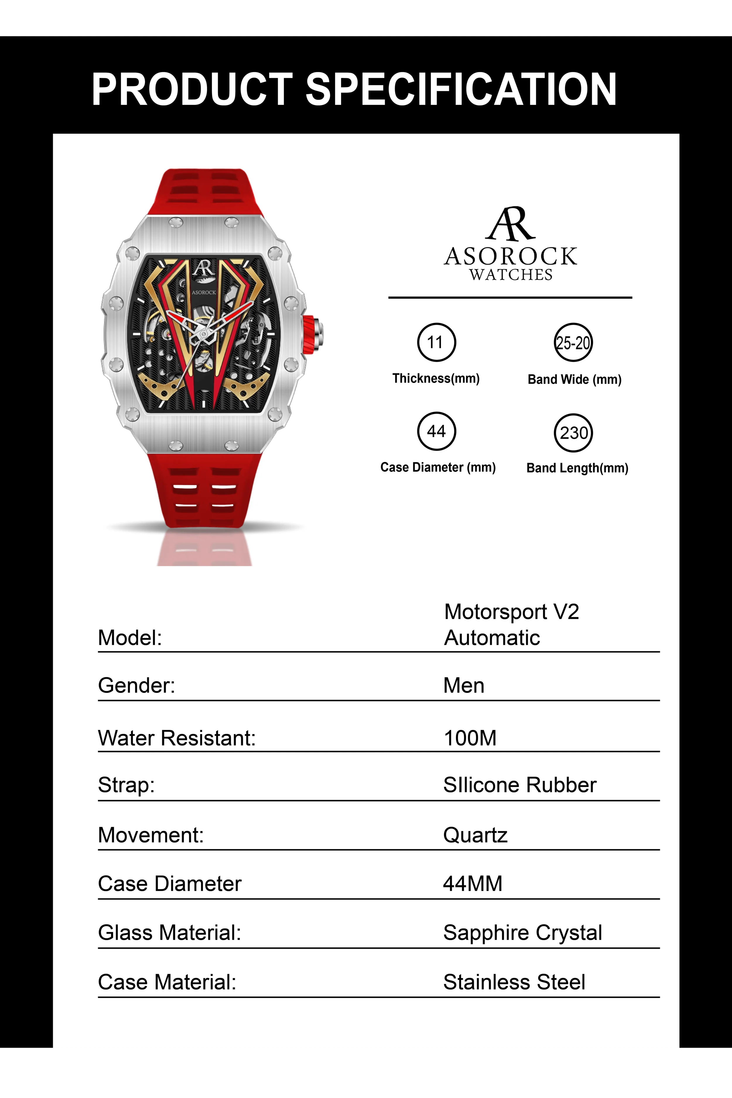 Silver/red Motorsport V2 automatic by ASOROCK WATCHES - Image 8